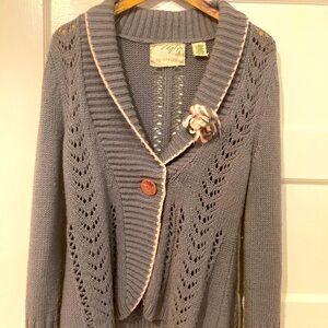 Anthropologie Gray Knit Cardigan with unique Floral Accent
